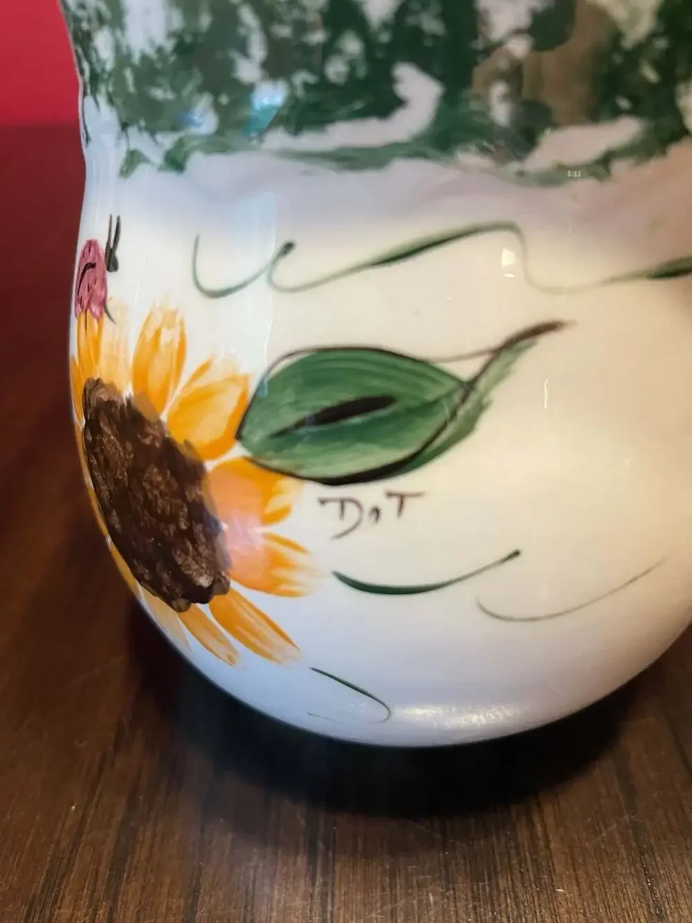 Hand-Painted Ceramic Sunflower and Ladybug Pitcher Signed Dot